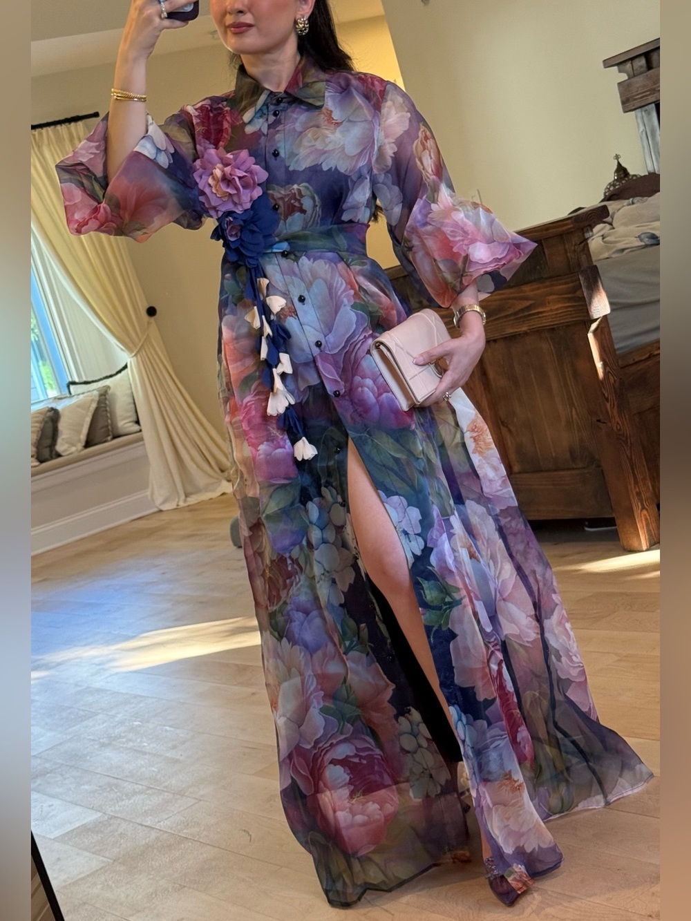 FLORAL-KISSED BUTTON-DOWN ORGANZA MAXI DRESS WITH BROOCH IN PURPLE